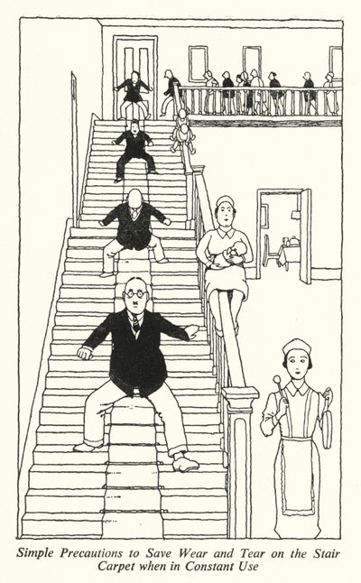 Einfache Vorsichtsmaßnahmen zur Schonung des Treppenteppichs bei ständigem Gebrauch (Lithografie) von William Heath Robinson