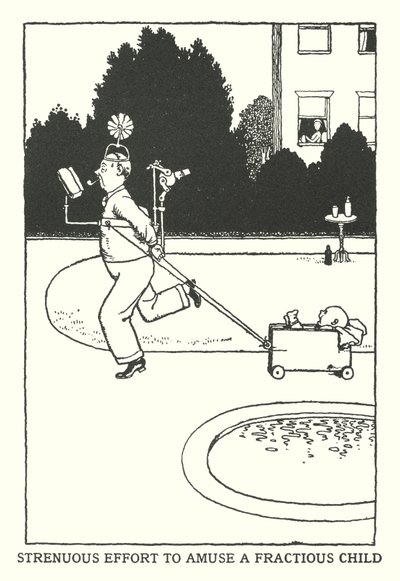 Anstrengender Versuch, ein unruhiges Kind zu unterhalten (Litho) von William Heath Robinson