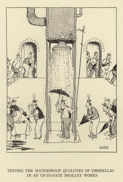 Testen der wasserdichten Eigenschaften von Regenschirmen in einer modernen Brolley-Werkstatt von William Heath Robinson