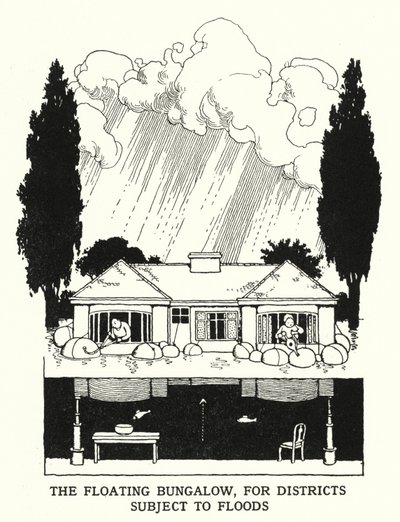 Das schwimmende Bungalow für hochwassergefährdete Gebiete von William Heath Robinson