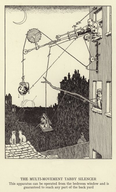 Der Multi-Bewegungs-Tabby-Schalldämpfer, dieses Gerät kann vom Schlafzimmerfenster aus bedient werden und erreicht garantiert jeden Teil des Hinterhofs von William Heath Robinson