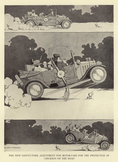Die neue Sicherheitsgabel-Einstellung für Autos zum Schutz von Hühnern auf der Straße von William Heath Robinson