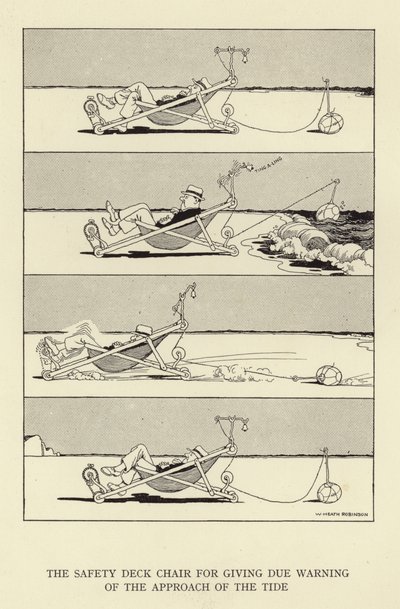 Der Sicherheitsliegestuhl zur Warnung vor der Annäherung der Flut von William Heath Robinson