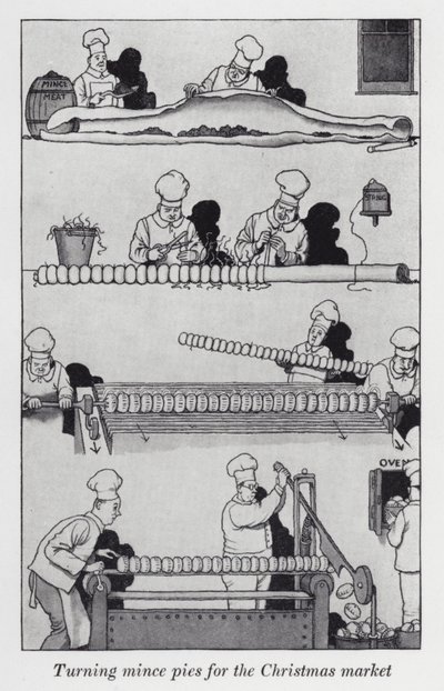 Zubereitung von Hackfleischpasteten für den Weihnachtsmarkt von William Heath Robinson