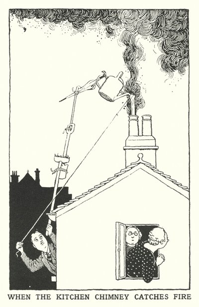 Wenn der Küchenkamin Feuer fängt (Lithografie) von William Heath Robinson