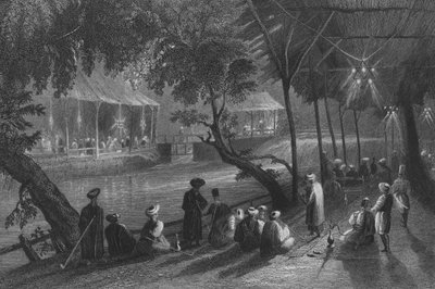 Cafés in Damaskus, an einem Zweig des Barrada, dem alten Pharpar von William Henry Bartlett
