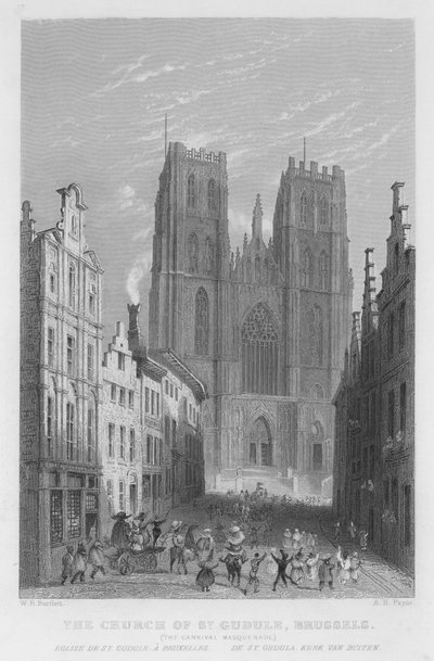 Die Kirche St. Gudula, Brüssel, Der Karneval Maskerade (Stich) von William Henry Bartlett