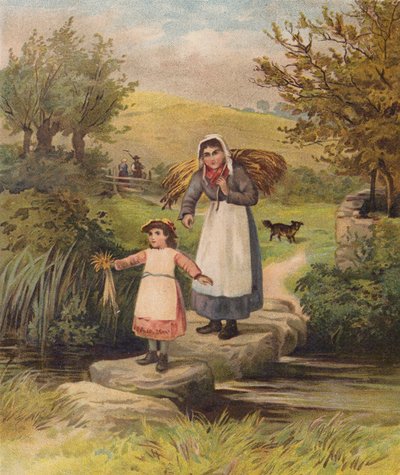 Frau und Mädchen überqueren einen Bach über Trittsteine von William Henry James (after) Boot