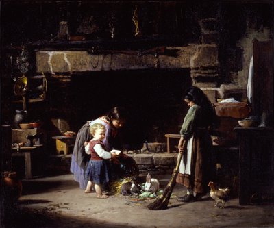 Bauernhof-Innenraum: Bretonische Kinder füttern Kaninchen von William Henry Lippincott