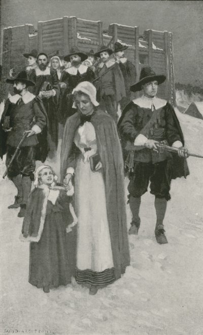 Sabbat-Tag mit den Pilgervätern bei ihrer ersten Siedlung in Neu-Plymouth von William Henry Margetson