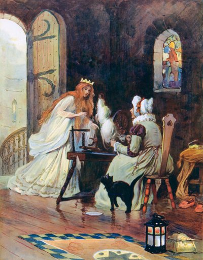 Sie stieg die Treppe hinauf und fand oben ein kleines Zimmer, in dem eine alte Dame saß und spann von William Henry Margetson