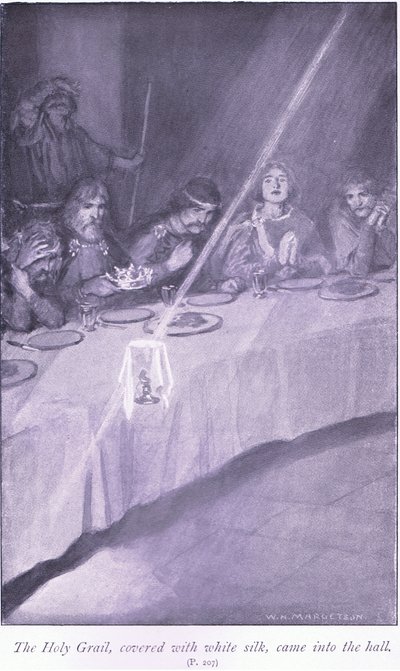 Der Heilige Gral, mit weißer Seide bedeckt, kam in die Halle von William Henry Margetson