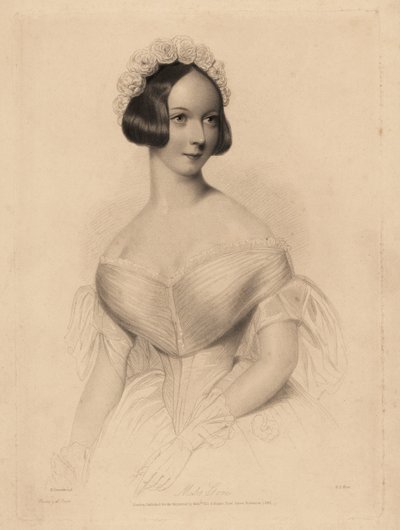 Miss Gore. In schulterfreiem Kleid mit enger Taille, Haare mit einem Rosenkranz geschmückt. Stahlstich von William Henry Mote nach einer Illustration von William Drummond aus Charles Heaths English Pearls, or Portraits for the Boudoir, Tilt a von William Henry Mote
