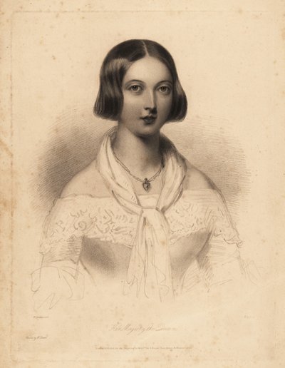 Junge Königin Victoria, Anfang 20. Stahlstich von William Henry Mote nach einer Illustration von William Drummond aus Charles Heaths English Pearls, or Portraits for the Boudoir, Tilt and Bogue, London von William Henry Mote