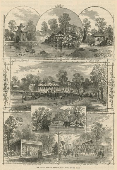 Der Besuch der Königin im Victoria Park: Ansichten im Park (Gravur) von William Henry Prior