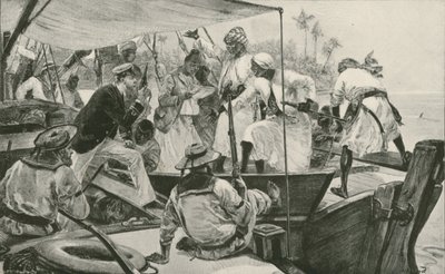 Ein britischer Marineoffizier überprüft eine arabische Sklavendhau (Lithografie) von William Heysham (after) Overend