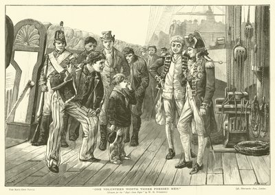 Ein Freiwilliger ist drei gepressten Männern wert (Stich) von William Heysham (after) Overend