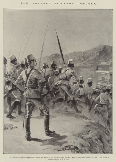 Der Vormarsch nach Dongola, der britische Offizier, der ein Negerbataillon des 11. Sudanesenregiments befehligt, beobachtet seine Männer beim Einschiffen in Shellal am 18. März von William Heysham (after) Overend