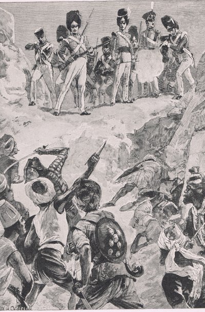Carmichaels Anhänger feuerten eine Salve in die dichte Menge: Schlacht von Bharatpur 1826, Illustration aus British Battles on Land and Sea, 1915 von William Heysham Overend