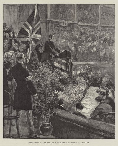Großes Treffen irischer Delegierter in der Albert Hall, Jubel für den Union Jack von William Heysham Overend