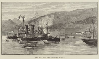 HMS Howe wird in den Hafen von Ferrol geschleppt von William Heysham Overend