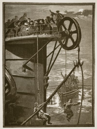 Moderne Wissenschaft: Aufnehmen eines Telegrafenkabels auf See, graviert von W.J. Palmer von William Heysham Overend
