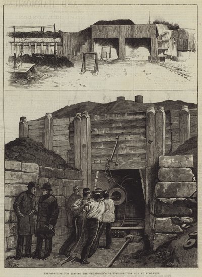 Vorbereitungen zum Testen der 38-Tonnen-Kanone des Thunderer in Woolwich von William Heysham Overend