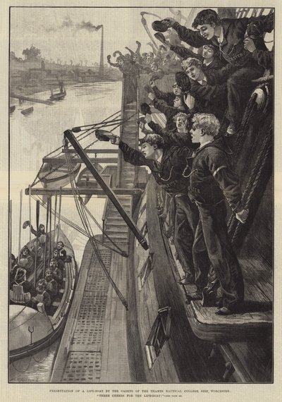Übergabe eines Rettungsbootes durch die Kadetten des Thames Nautical College Ship, Worcester, Drei Hochs auf das Rettungsboot! von William Heysham Overend