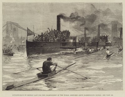 Ruderwettkampf am Montag für die Weltmeisterschaft, skizziert über der Hammersmith-Brücke von William Heysham Overend
