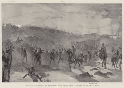 Der Vormarsch auf Dongola, die Expeditionsstreitmacht verlässt Fereig im Morgengrauen auf dem Weg nach Hafir von William Heysham Overend