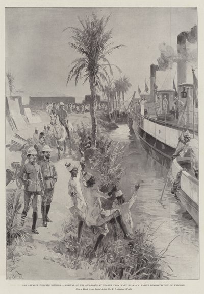 Der Vormarsch auf Dongola, Ankunft der Kanonenboote in Kosheh von Wady Halfa, eine einheimische Begrüßungsdemonstration von William Heysham Overend