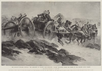 Der Vormarsch nach Dongola, die Artillerie von Oberst Burn-Murdochs Kolonne galoppiert über die Wüste zu den Höhen über Ferket von William Heysham Overend