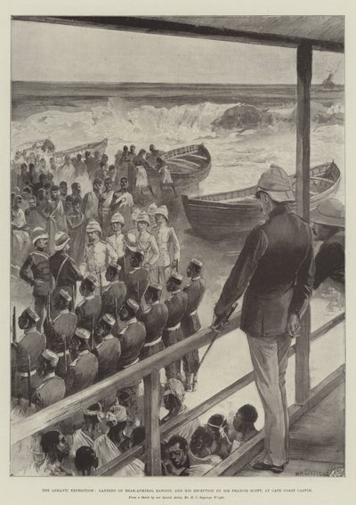 Die Ashanti-Expedition, Landung von Konteradmiral Rawson und seine Begrüßung durch Sir Francis Scott am Cape Coast Castle von William Heysham Overend