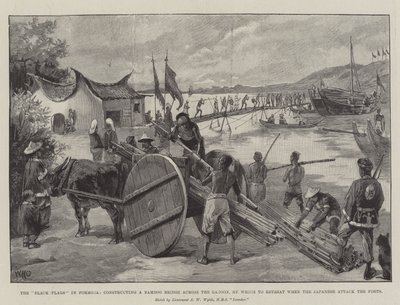 Die schwarzen Flaggen in Formosa, Bau einer Bambusbrücke über die Lagune, um sich beim Angriff der Japaner auf die Forts zurückzuziehen von William Heysham Overend