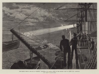 Die britische Flotte im Marmarameer, auf der Suche nach Torpedobooten mit dem elektrischen Licht an Bord der HMS Agincourt von William Heysham Overend
