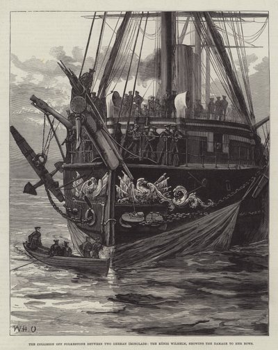 Die Kollision vor Folkestone zwischen zwei deutschen Panzerschiffen, der Konig Wilhelm, zeigt den Schaden an ihrem Bug von William Heysham Overend