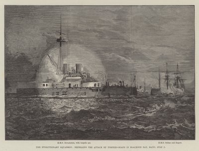 Das evolutionäre Geschwader, Abwehr des Angriffs durch Torpedoboote in der Blacksod Bay, Mayo, 7. Juli von William Heysham Overend