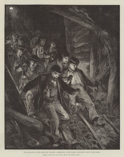 Die Explosion im Park Slip Colliery, Aberkenfig, Südwales, Erkundungstrupp geht hinunter von William Heysham Overend