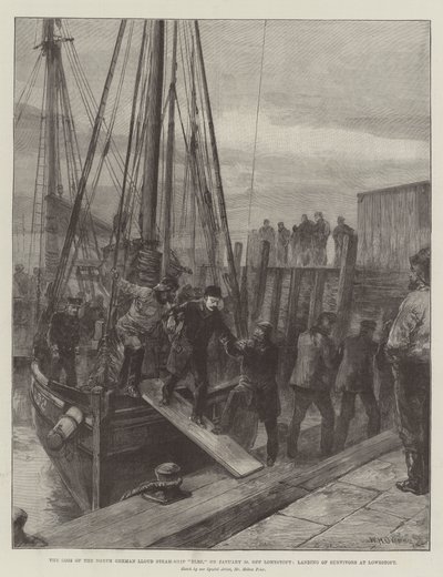 Der Verlust des Norddeutschen Lloyd-Dampfschiffs Elbe am 30. Januar vor Lowestoft, Landung der Überlebenden in Lowestoft von William Heysham Overend