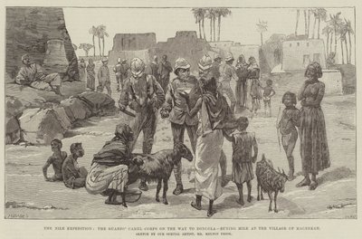 Die Nil-Expedition, das Kamelkorps der Wachen auf dem Weg nach Dongola, Milch kaufen im Dorf Magrekah von William Heysham Overend
