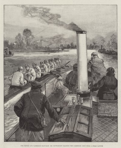 Das Oxford und Cambridge Bootsrennen, Mr. Muttlebury coacht die Cambridge Crew von einem Dampfschiff aus von William Heysham Overend