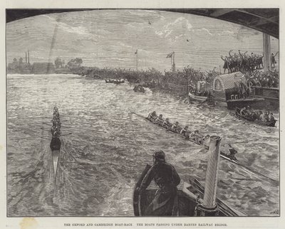 Das Oxford und Cambridge Bootsrennen, die Boote passieren die Barnes Railway Bridge von William Heysham Overend