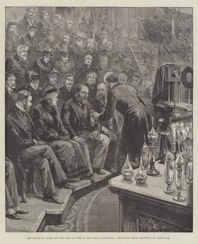 Der Prinz von Wales und der Herzog von York an der Royal Institution, Professor Dewar hält einen Vortrag über flüssige Luft von William Heysham Overend
