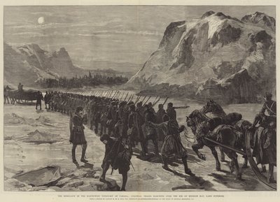 Die Rebellion im Nordwest-Territorium Kanadas, Kolonialtruppen marschieren über das Eis der Nepigon-Bucht, Oberer See von William Heysham Overend