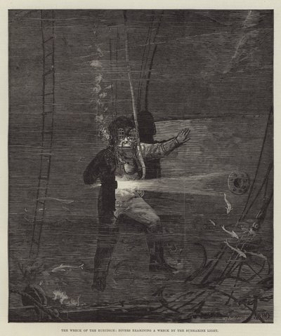 Das Wrack der Eurydice, Taucher untersuchen ein Wrack im Unterwasserlicht von William Heysham Overend