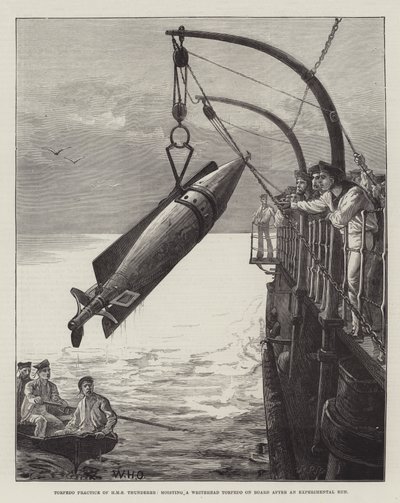 Torpedoübung der HMS Thunderer, ein Whitehead-Torpedo wird nach einem Testlauf an Bord gehoben von William Heysham Overend