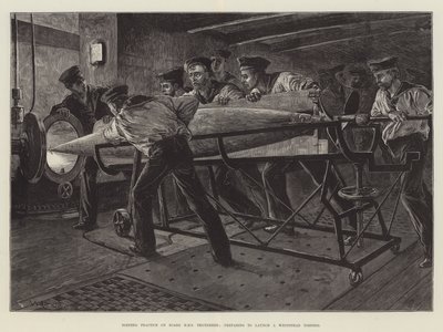 Torpedoübungen an Bord der HMS Thunderer, Vorbereitung zum Abschuss eines Whitehead-Torpedos von William Heysham Overend