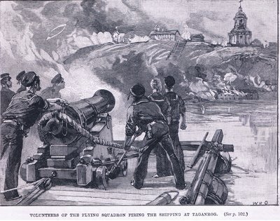 Freiwillige des Fliegenden Geschwaders feuern auf die Schiffe in Taganrog, 1855 n. Chr. von William Heysham Overend