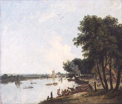 Ein Blick auf die Themse in Chelsea mit der Postmühle bei Nine Elms im Hintergrund von William Hodges