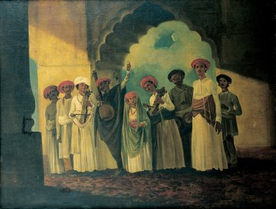 Gruppe indischer Musiker, die eine Sarangi, eine Tambura und Tablas spielen, mit einem Mädchen, das auf einer Terrasse tanzt von William Hodges